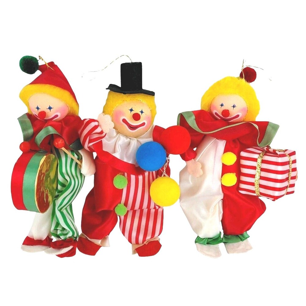 3 Russ Berrie Circus Clown Christmas Ornament 7-8” Balloons Drum Present 1980’s